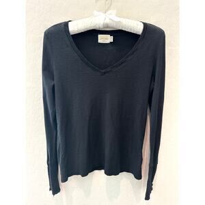 Nation LTD Black Pima Cotton V-Neck Long Sleeve Top Smocked Cuff | Size Small